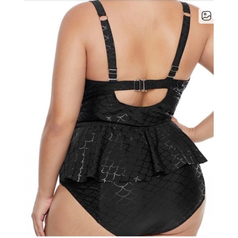 Mermaid Shiny Scales Sexy Black Bustier Peplum Tankini Swim Top Underwire 3X - Picture 2 of 7